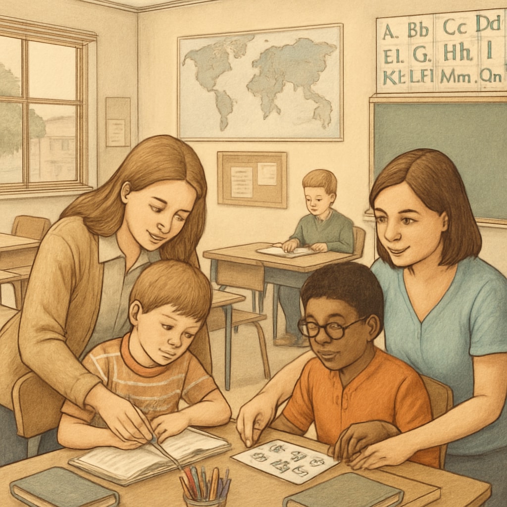 Teacher assistants supporting autism spectrum students in a special education classroom
