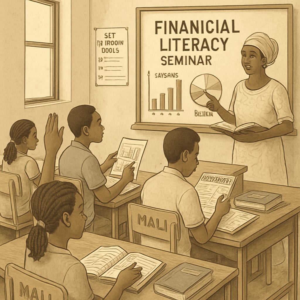 A classroom in Mali where students are attending a financial literacy seminar. The image showcases students engaging in educational activities with financial charts and books visible. Financial education seminar in Mali classroom