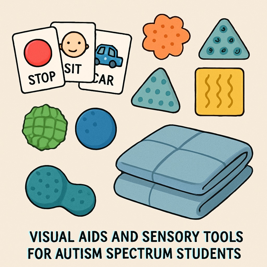Teaching materials for autism spectrum students, including sensory tools and visual aids