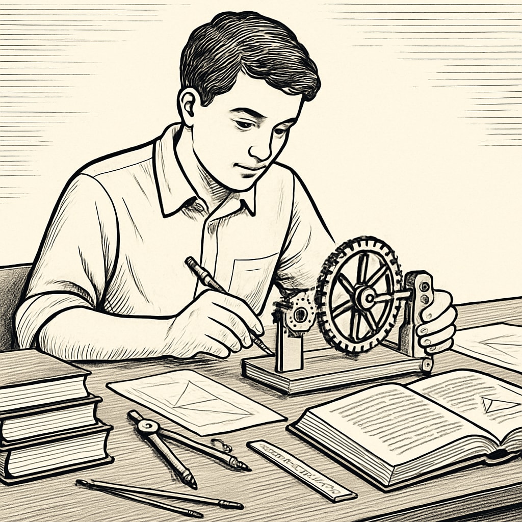 A student working on a mechanical model while preparing lesson plans, symbolizing the integration of education and engineering. Student blending education and engineering through a mechanical model and lesson plans.