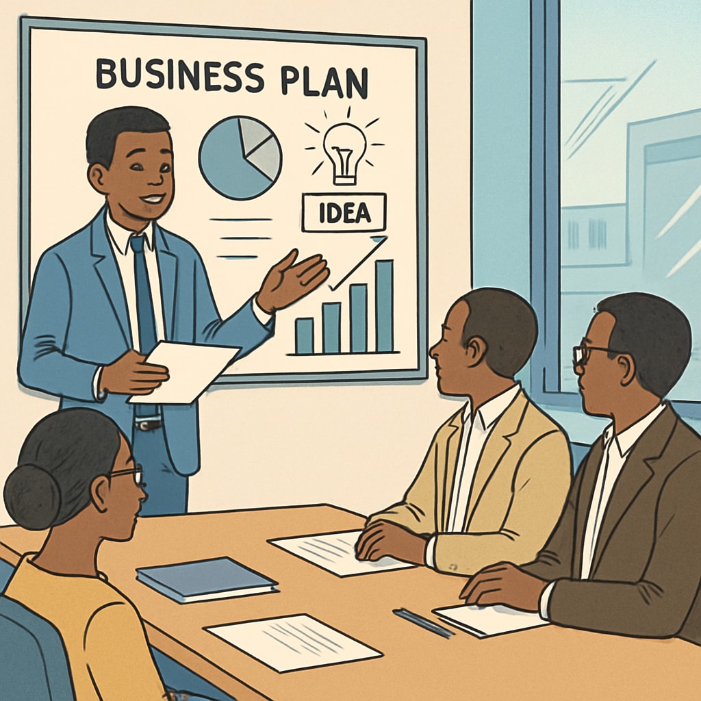A young entrepreneur in Mali presenting a business plan to potential investors. The image highlights innovation and career development in the financial sector. Entrepreneur in Mali presenting business plan