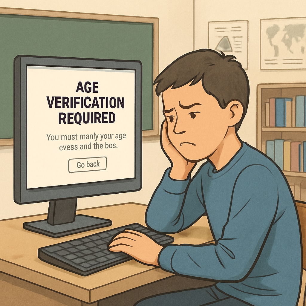 A student attempting to access an educational website blocked by age verification requirements. The image reflects the impact of these laws on K12 learners. Student facing age verification barriers while accessing online educational resources.