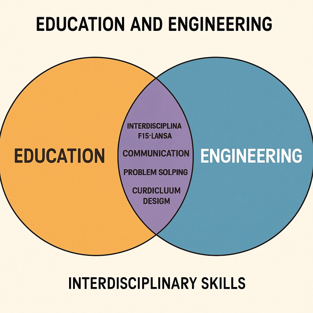 A diagram showing the overlap between education and engineering, emphasizing interdisciplinary skills like communication, problem-solving, and curriculum design. Diagram illustrating the intersection of education and engineering.