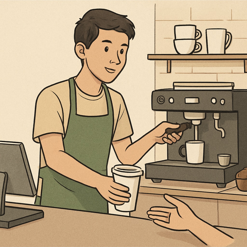 A teenager working part-time at a coffee shop, multitasking between serving customers and preparing beverages. Teenager working part-time at a coffee shop, demonstrating customer service skills.