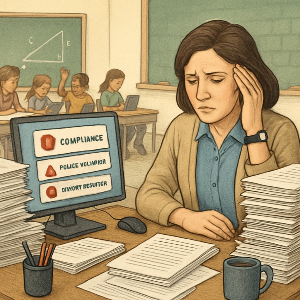 A teacher navigating compliance challenges for digital tools in a classroom setting. This image highlights the administrative burden on educators. Teacher managing online tools affected by age verification restrictions in a classroom.
