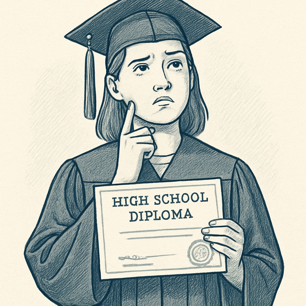 A student holding a high school diploma while looking contemplative, symbolizing mixed feelings about their academic achievement. Student holding a high school diploma with a thoughtful expression, representing regret and hope.