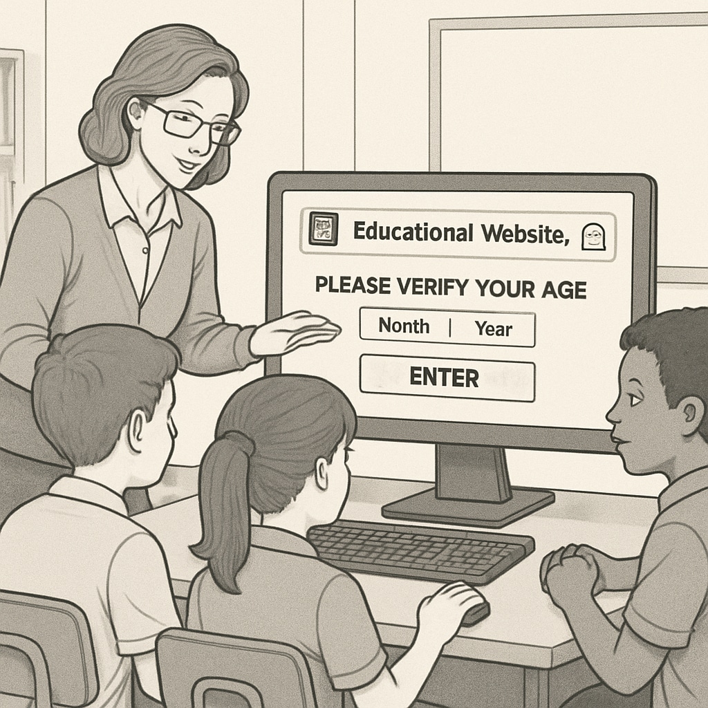 A teacher helping students navigate an educational website with age verification measures, illustrating the real-world application of internet regulation in schools. Teacher assisting students on an educational website with age verification laws in place