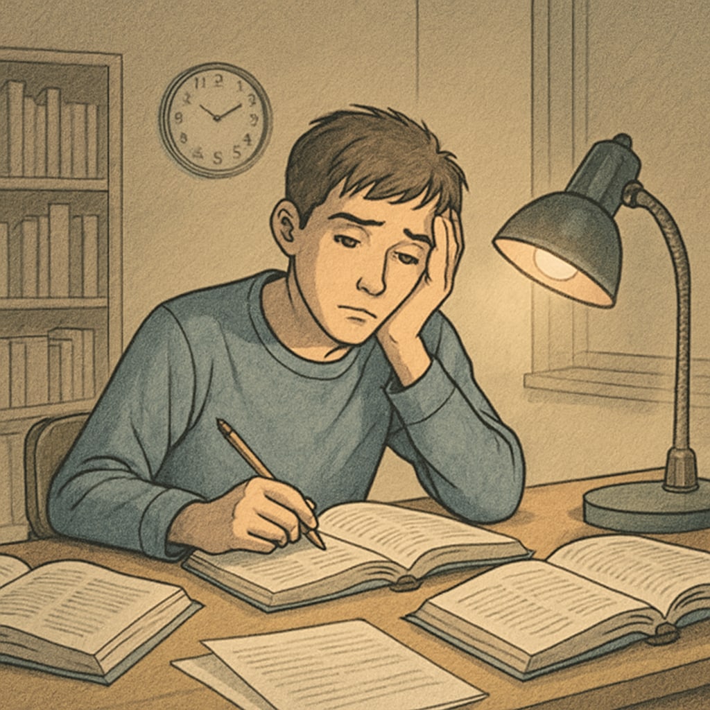 A high school student studying late at night, looking tired after a part-time job shift. High school student studying late at night, fatigued after part-time work.