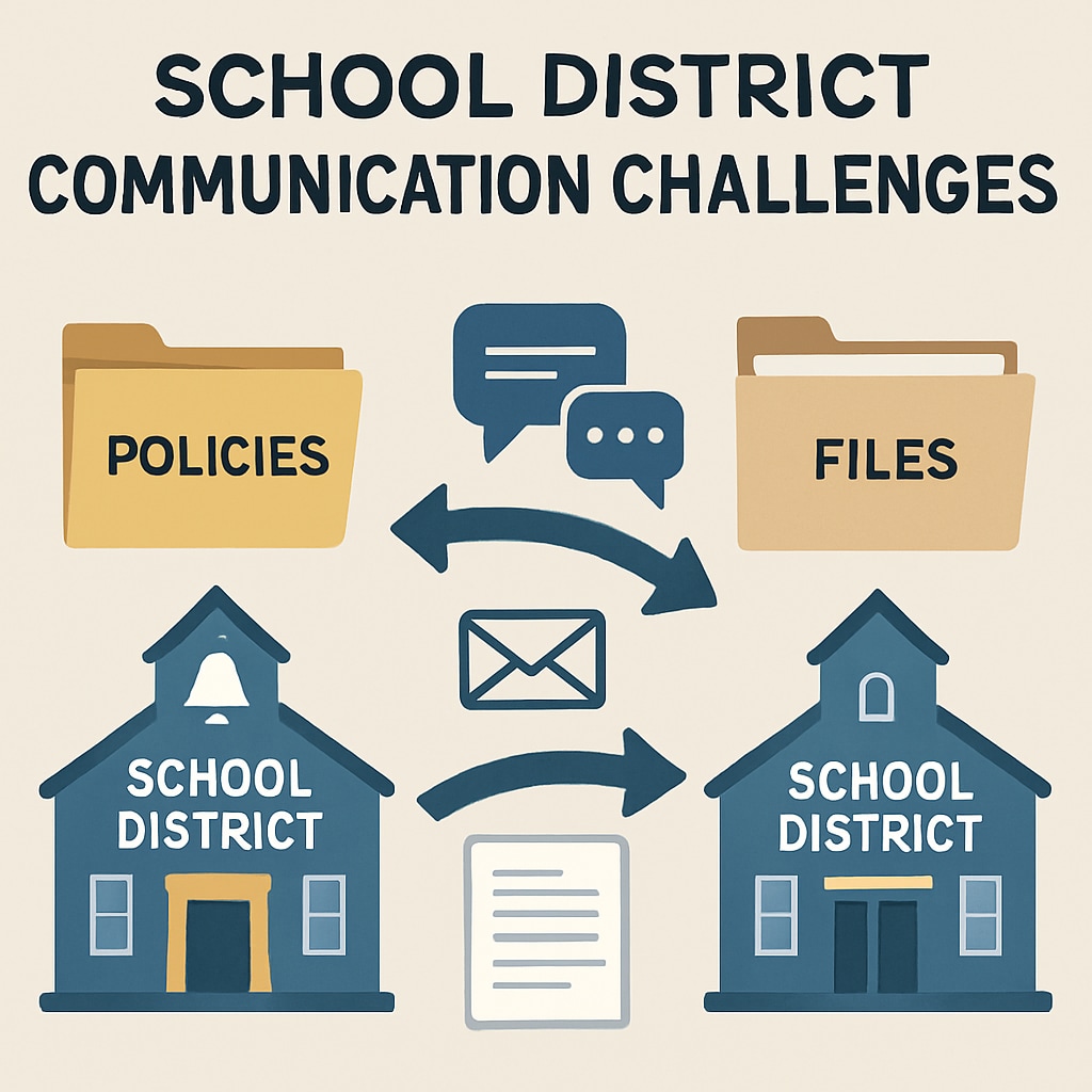 A visual representation of school district communication challenges, such as documents and policies being passed between districts. School district communication challenges during student transfer processes.