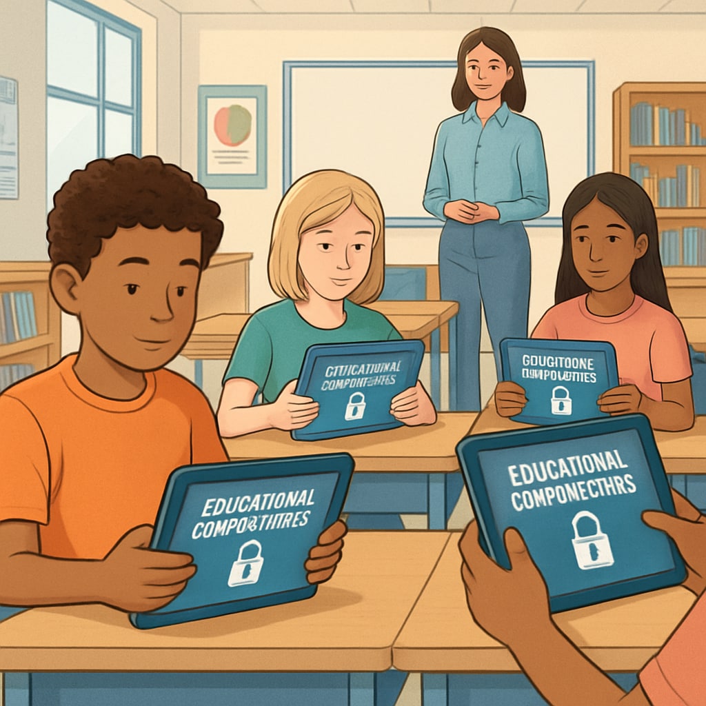 Students in a classroom using tablets with educational content filters enabled, showcasing the balance between safety and access in K12 education. Students using tablets with content filters in a classroom setting