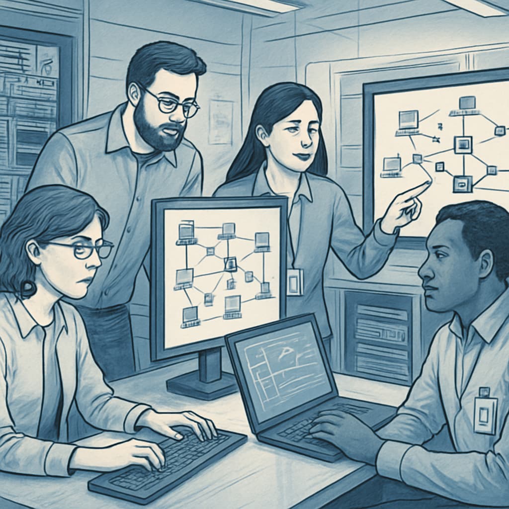 A group of cybersecurity professionals analyzing a network system in a high-tech lab. Cybersecurity professionals working on network protection.