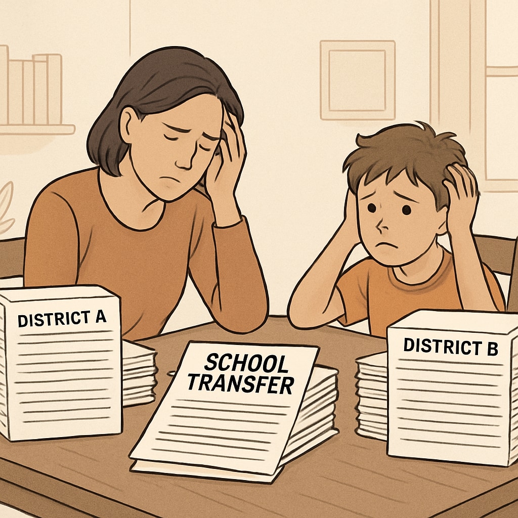 An image showing a frustrated parent and child attempting to navigate school transfer paperwork with conflicting messages from different districts. Parent and child struggling with school transfer paperwork due to communication barriers.