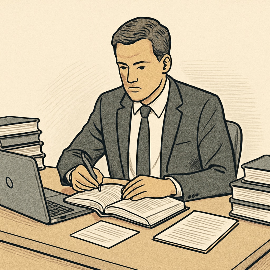 A mid-career professional studying at her desk with books and a laptop, representing the challenge of balancing career and education. A working professional balancing her career and master’s degree through study.