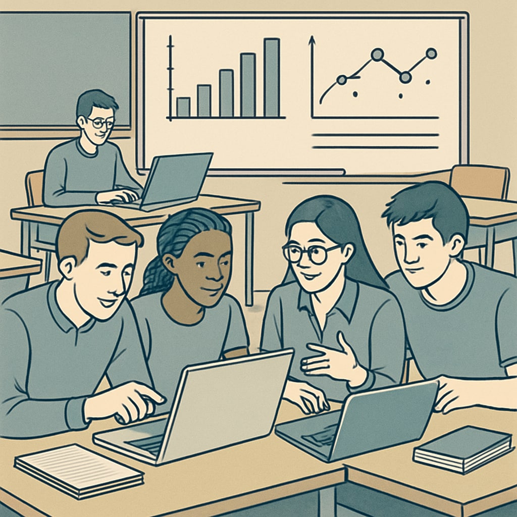 Students participating in a data science hackathon, working collaboratively on laptops in a classroom setting. Students collaborating during a data science hackathon.
