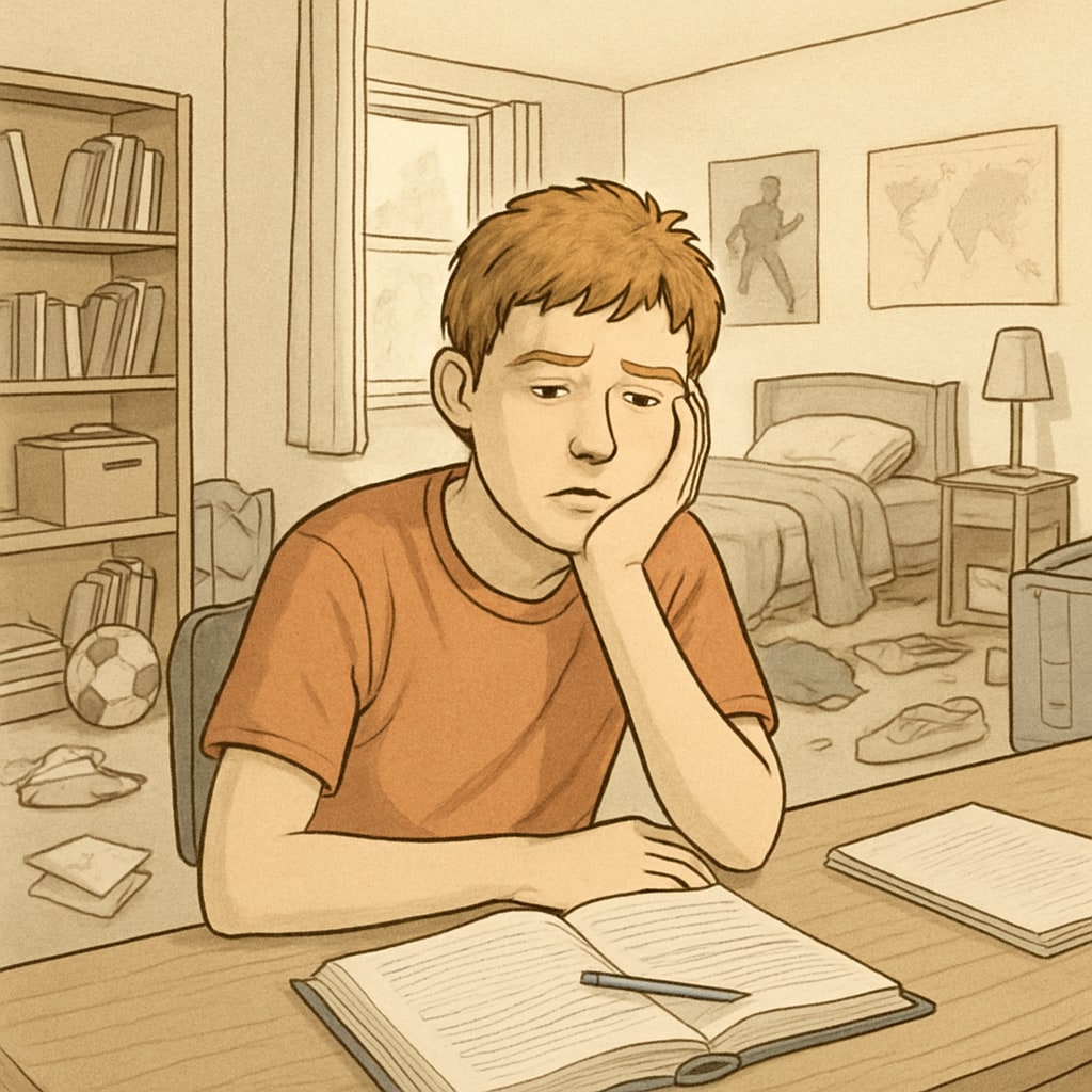 A teenager sitting at a desk, looking disengaged, with a cluttered room in the background. Teen struggling with academic challenges and unhealthy lifestyle habits.