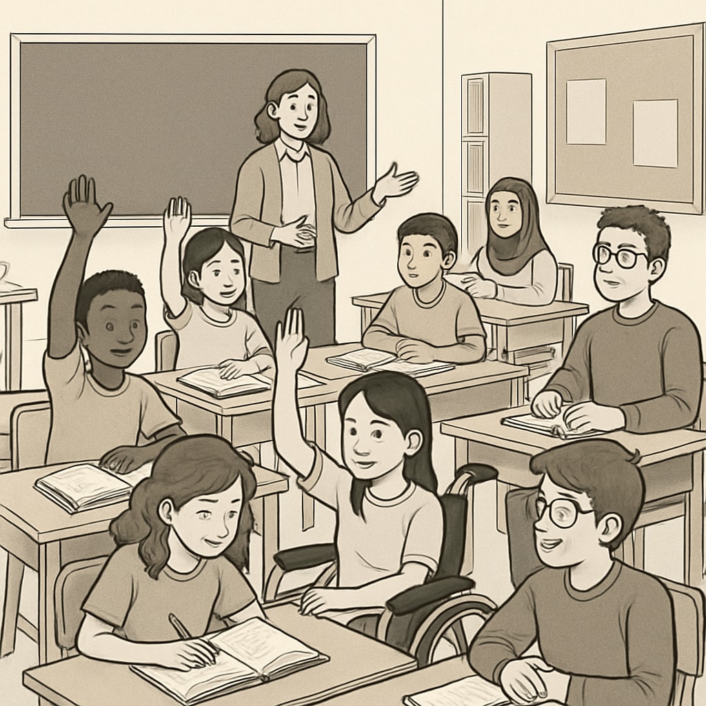 A diverse group of students in a classroom, representing inclusion and equity in education systems. Diverse students in a classroom, symbolizing equitable education opportunities.