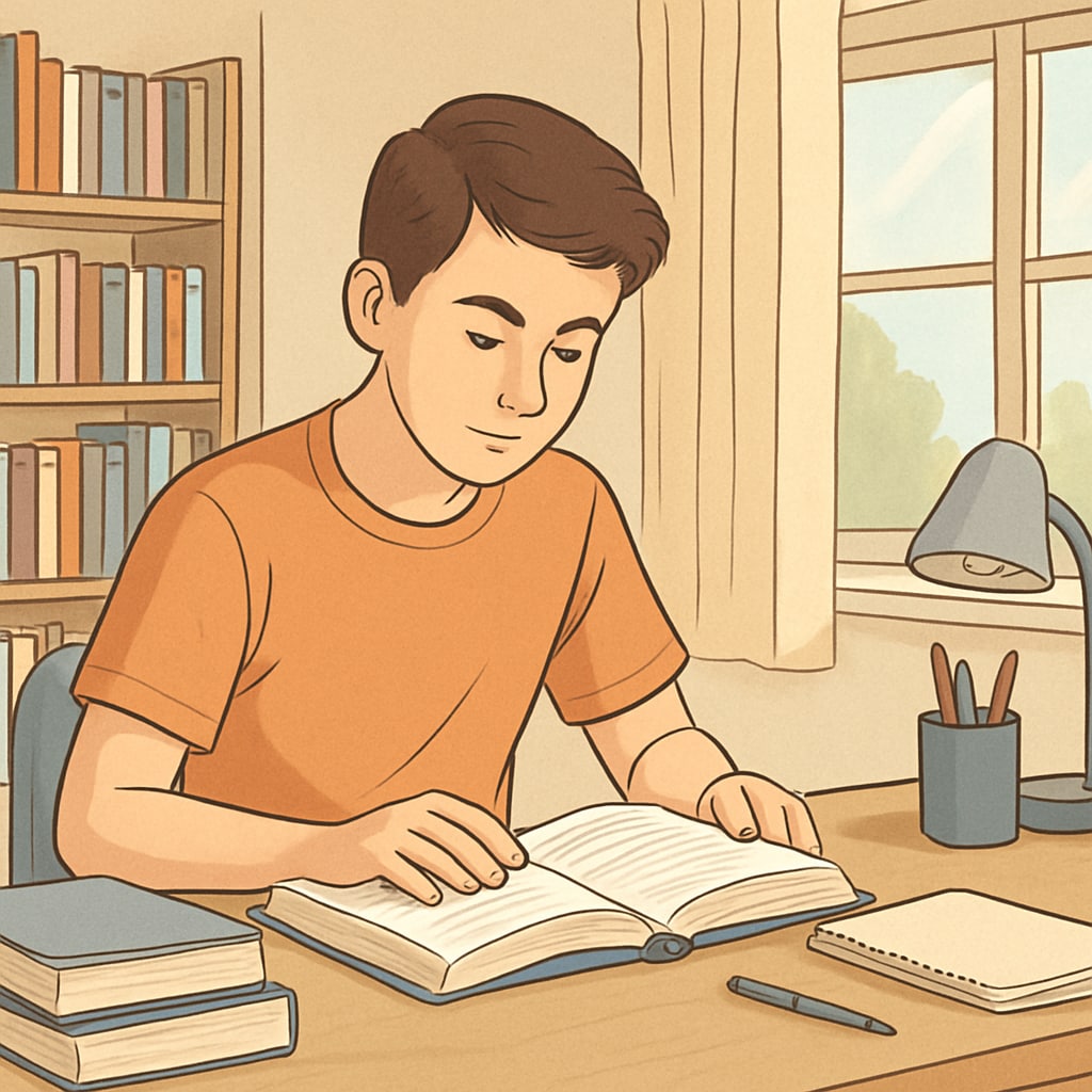 A teen reading a book in a quiet, well-organized study space with natural light. Teen engaging in self-directed learning and better habits.