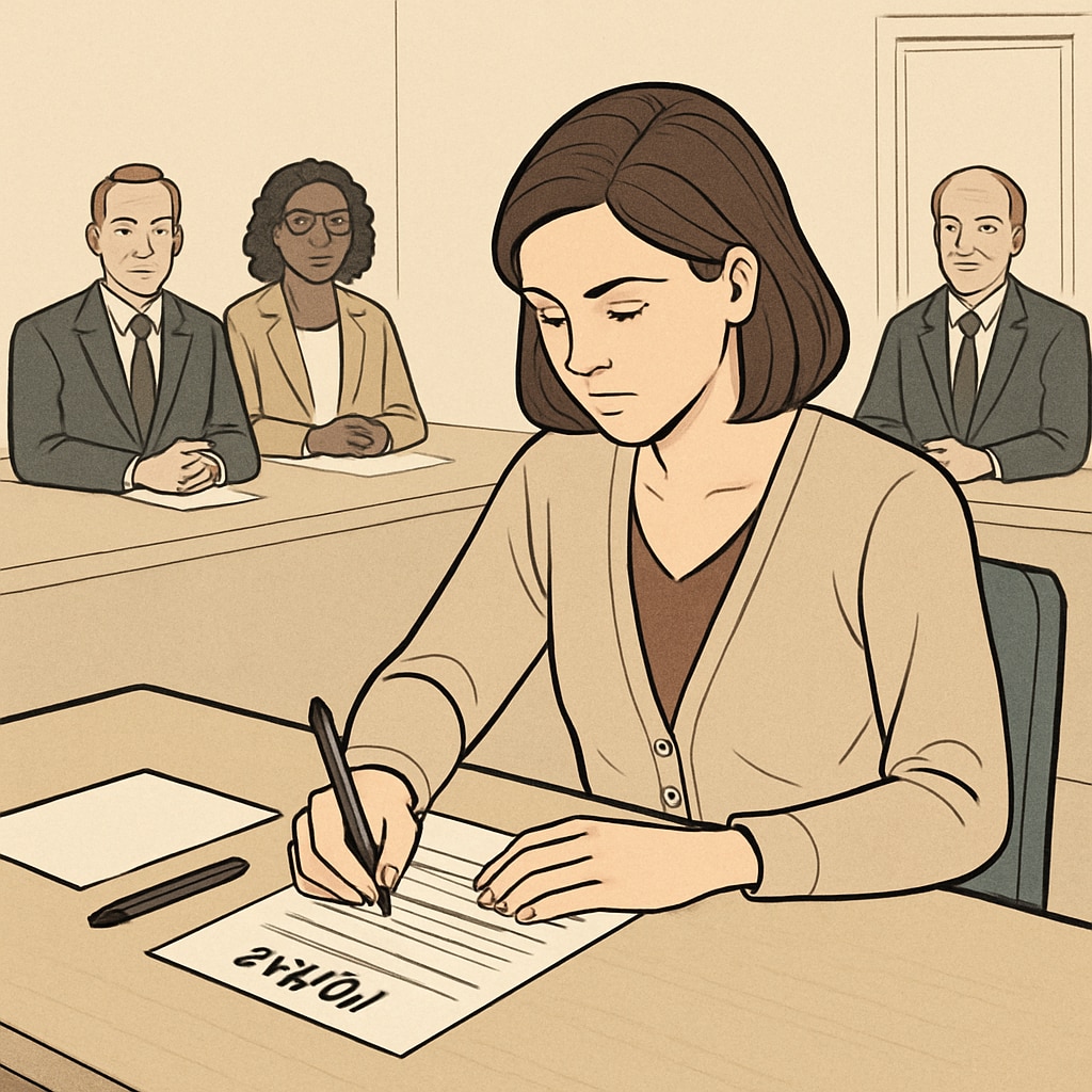 A teacher applicant filling out a form while being reviewed for their political stance in Oklahoma. Teacher applicant being reviewed for political stance in Oklahoma.