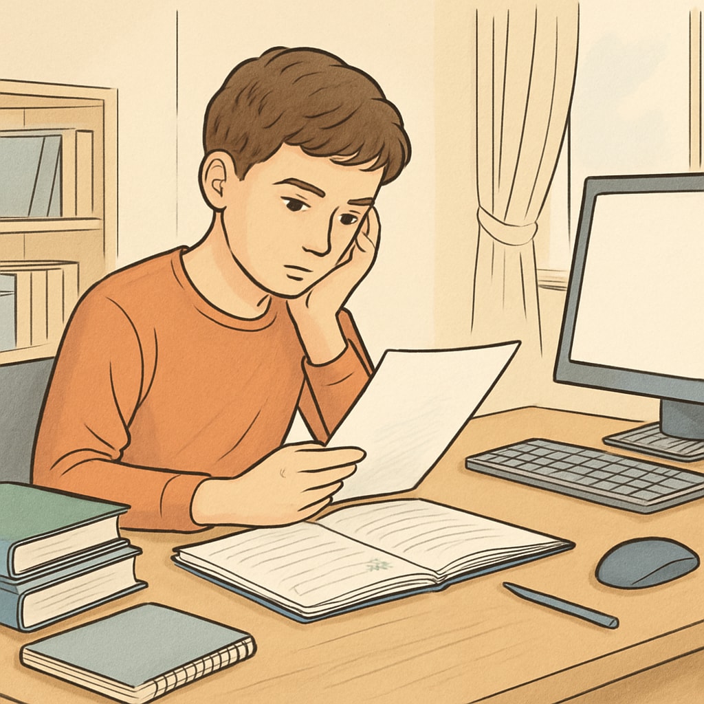 A young student reviewing educational resources at home, symbolizing self-assessment and planning. Student assessing educational resources after academic disruption in the UK.