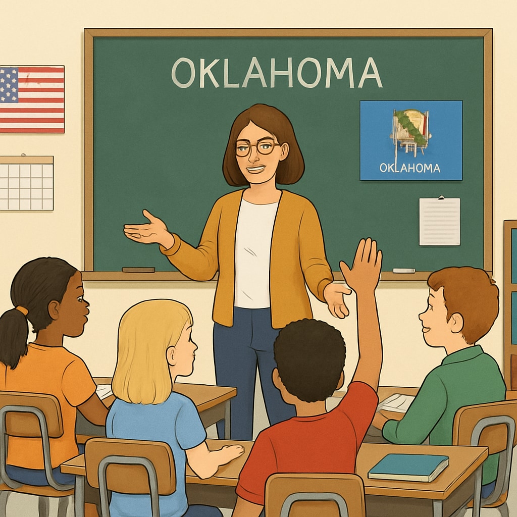 A classroom in Oklahoma with a teacher engaging students in a politically neutral discussion. Classroom in Oklahoma with a teacher leading a neutral discussion.
