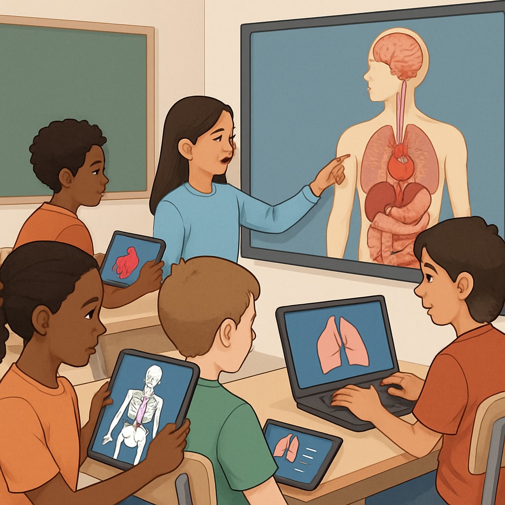 A visually appealing image showing K12 students engaging with interactive medical learning tools, such as anatomy apps or simulation software. K12 students using interactive tools for medicine education.