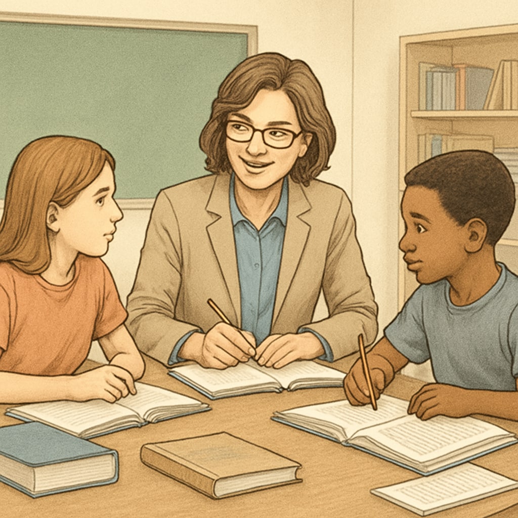 A teacher conducting a small-group tutoring session, illustrating personalized academic support. Tutor helping students through academic recovery in a group setting.