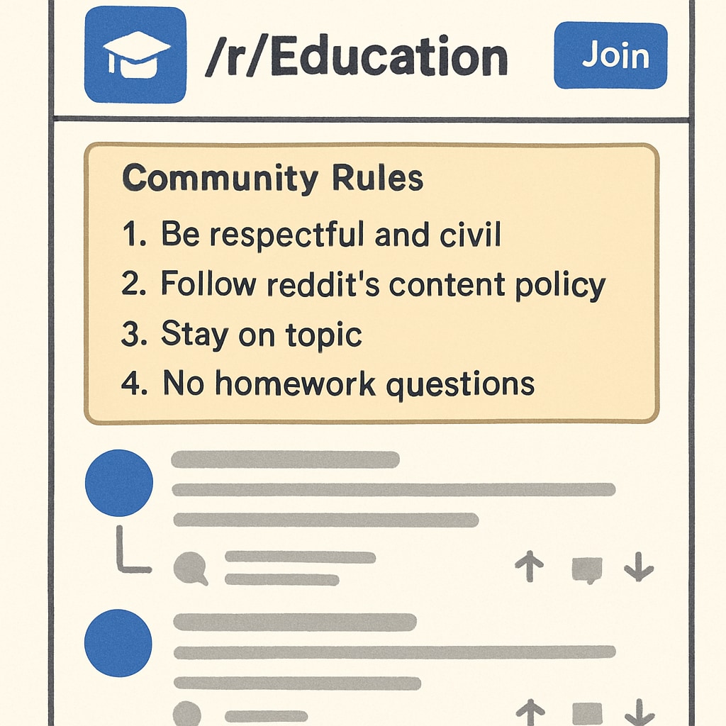 A screenshot of an educational subreddit with highlighted community rules, showcasing how users navigate respectful discussions. Screenshot showing an educational subreddit’s community rules and navigation tools.