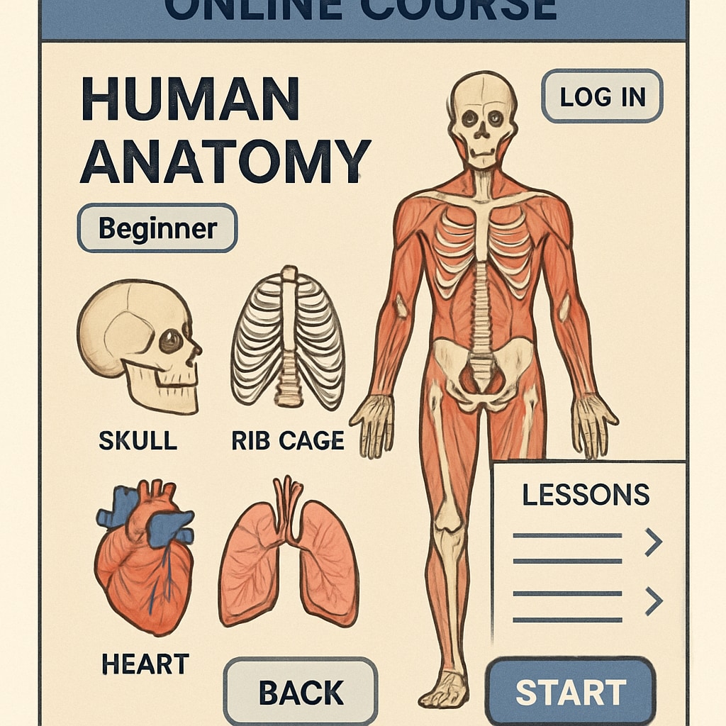 An illustrative image showcasing an online course interface focusing on human anatomy for beginners, with diagrams and interactive buttons. Online course interface for human anatomy learning.