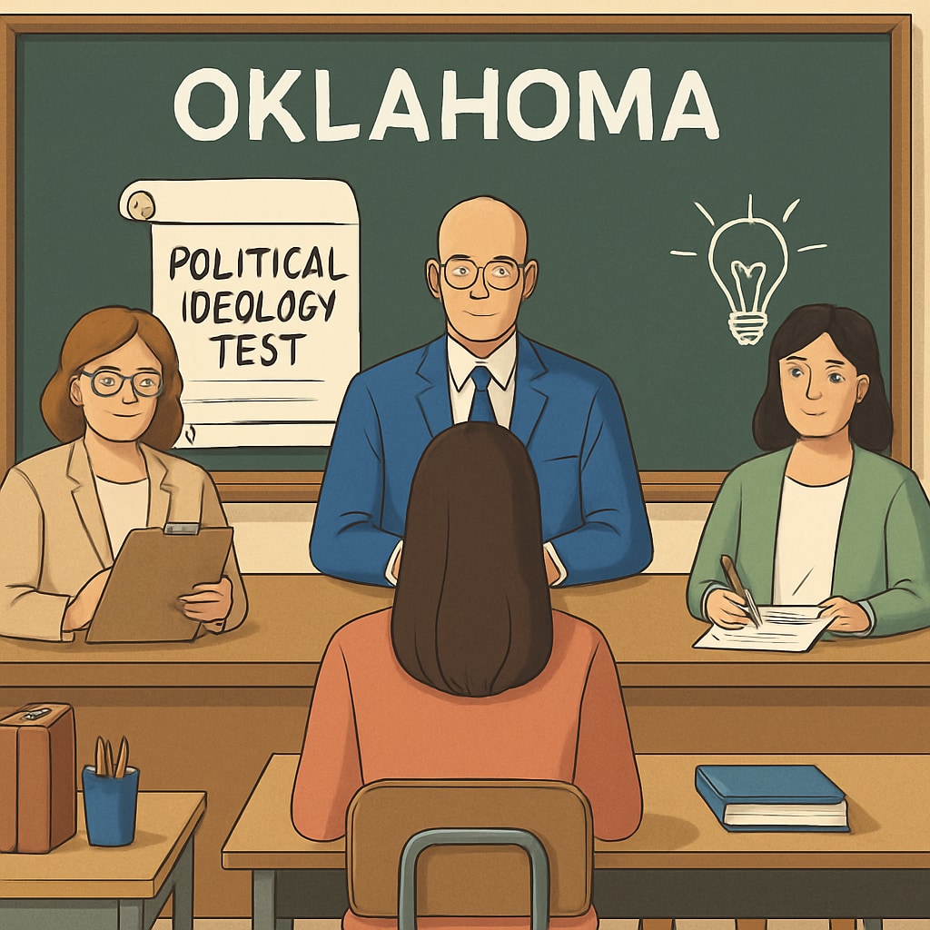 A classroom setting with a teacher candidate undergoing evaluation, symbolizing Oklahoma’s political ideology testing policy. Political ideology testing for teacher applications in Oklahoma.
