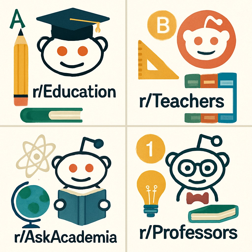 A collage showing logos or icons of popular education subreddits, such as r/Education and r/Teachers, symbolizing the diversity of resources available. Collage of education subreddit icons emphasizing resource diversity.