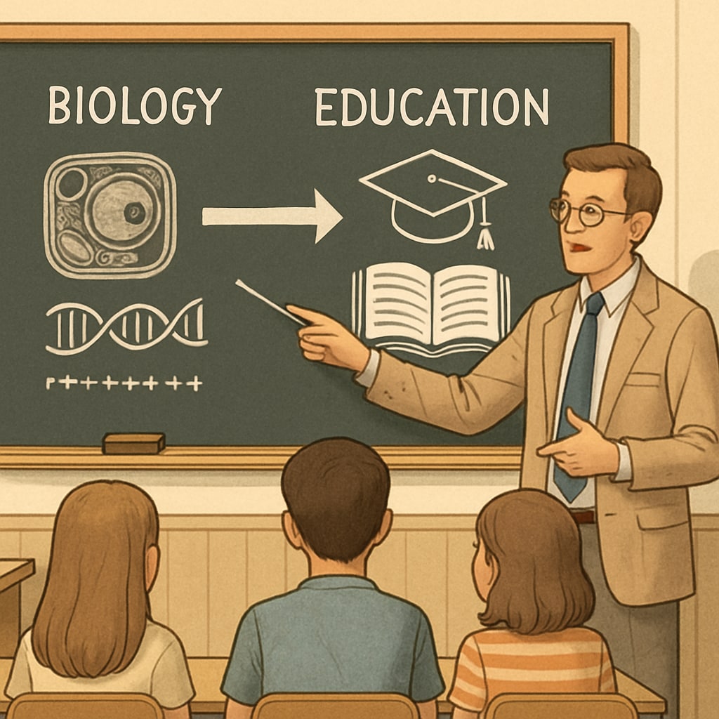 A teacher standing in front of a classroom, explaining a scientific concept on a blackboard, symbolizing the transition from biology to education. Teacher explaining a scientific concept on a blackboard, representing biology to education transition.