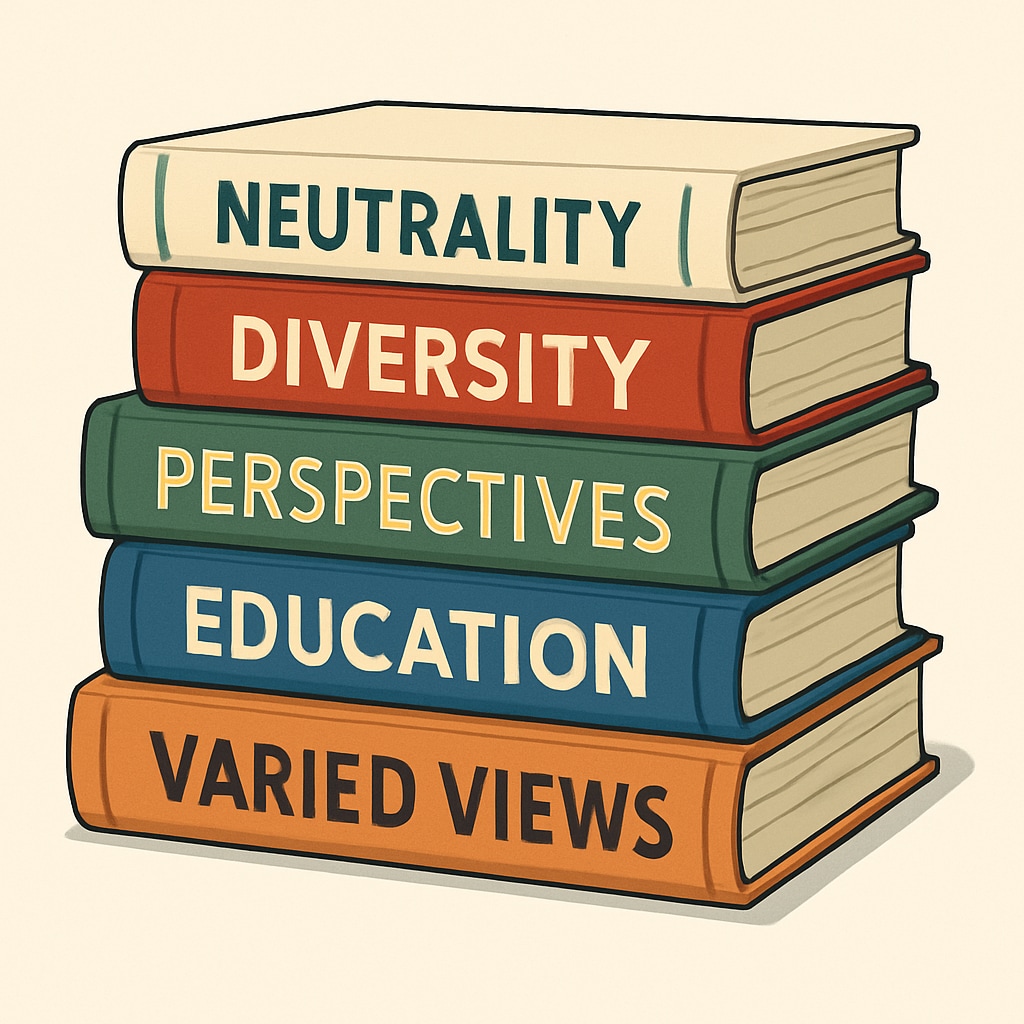 A stack of diverse books representing the importance of neutrality and varied perspectives in education. Books symbolizing diverse viewpoints in education.