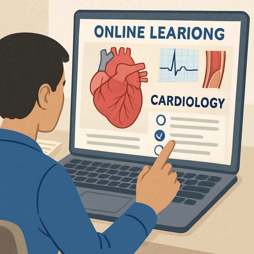 A learner engaged with an interactive cardiology module on an online learning platform. Interactive cardiology module on an online platform for non-medical learners.