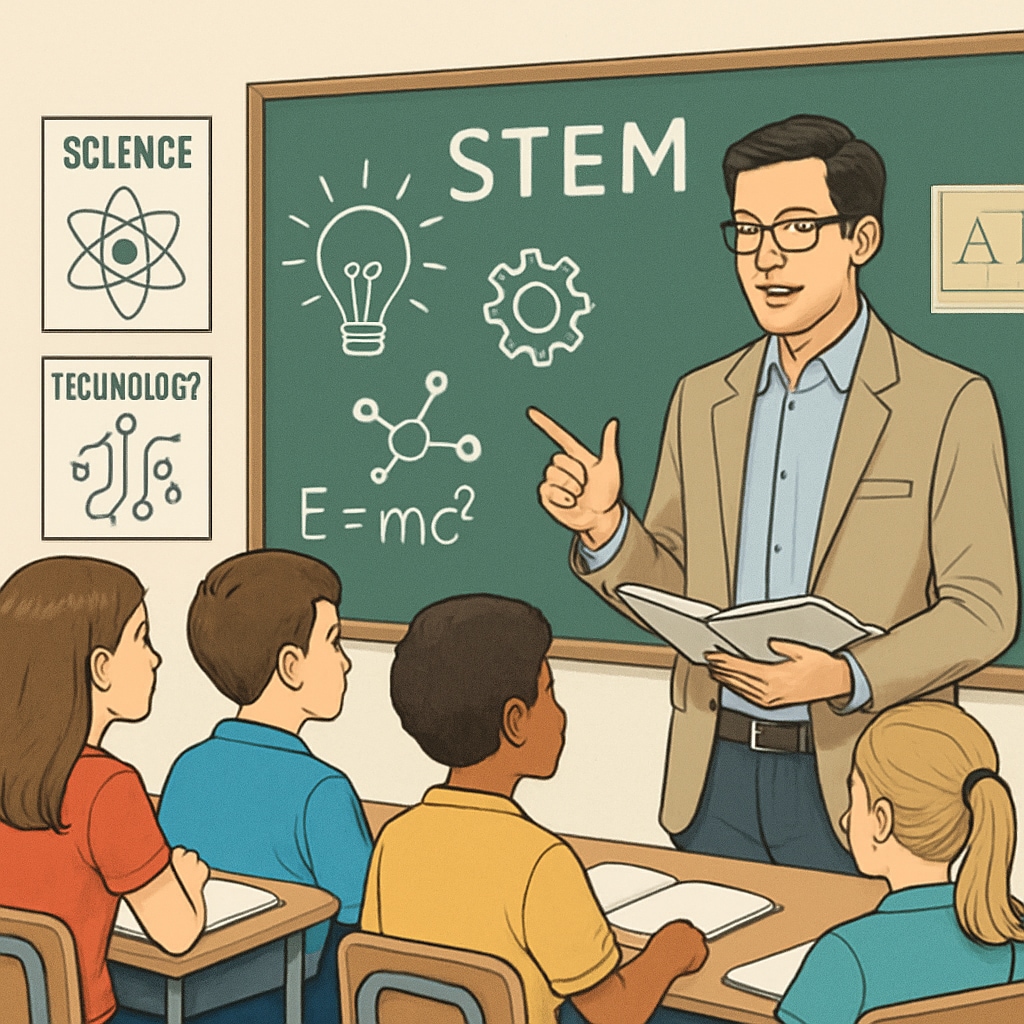 A conceptual image of a teacher explaining STEM concepts to students in a classroom setting. A teacher explaining STEM concepts to students, representing education and engineering dual degrees.