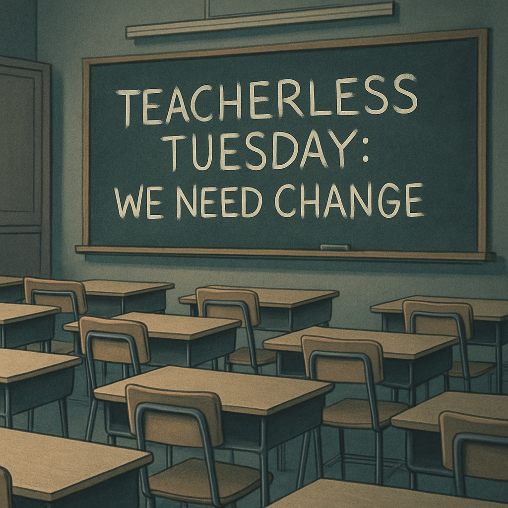 A classroom with empty desks and a chalkboard that reads, An empty classroom representing the impact of Teacherless Tuesday,教师抗议,集体请假(英文)
