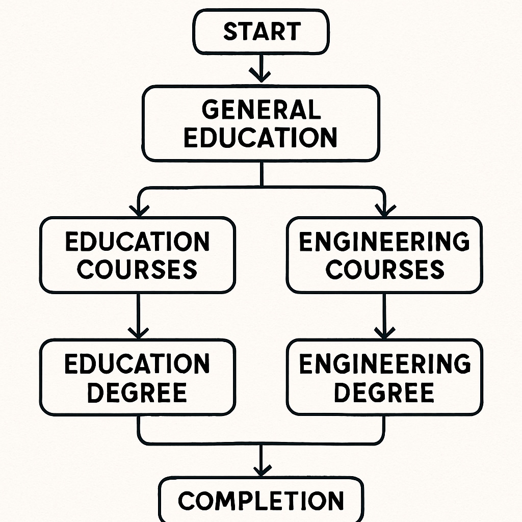 A flowchart illustrating the pathway to completing dual degrees in education and engineering. Flowchart showing the steps to achieve education and engineering dual degrees.