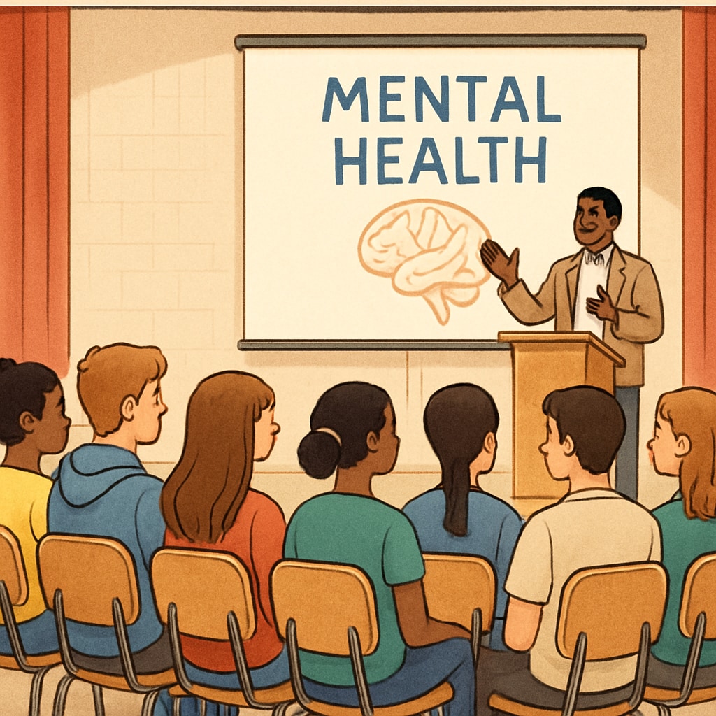 A group of teenagers attentively listening to a speaker in a school auditorium, representing an engaging mental health talk. High school students attending a mental health talk in a school auditorium.