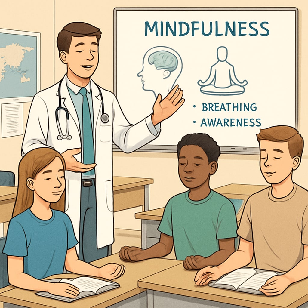A medical student demonstrating mindfulness techniques to a group of high school students in a classroom setting, emphasizing interactive learning. Medical student teaching mindfulness to high school students during a mental health workshop.