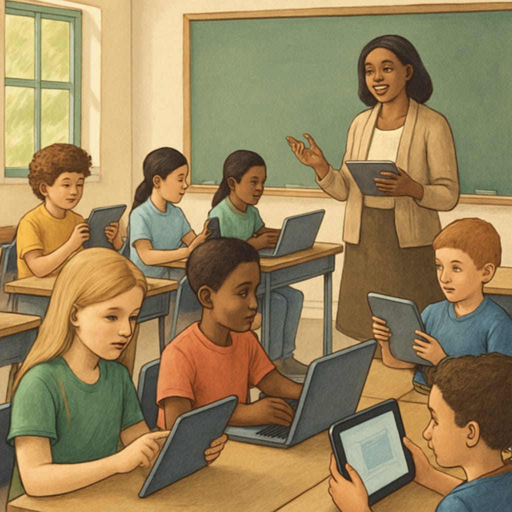 Students in a classroom accessing educational resources online, highlighting age verification impacts.