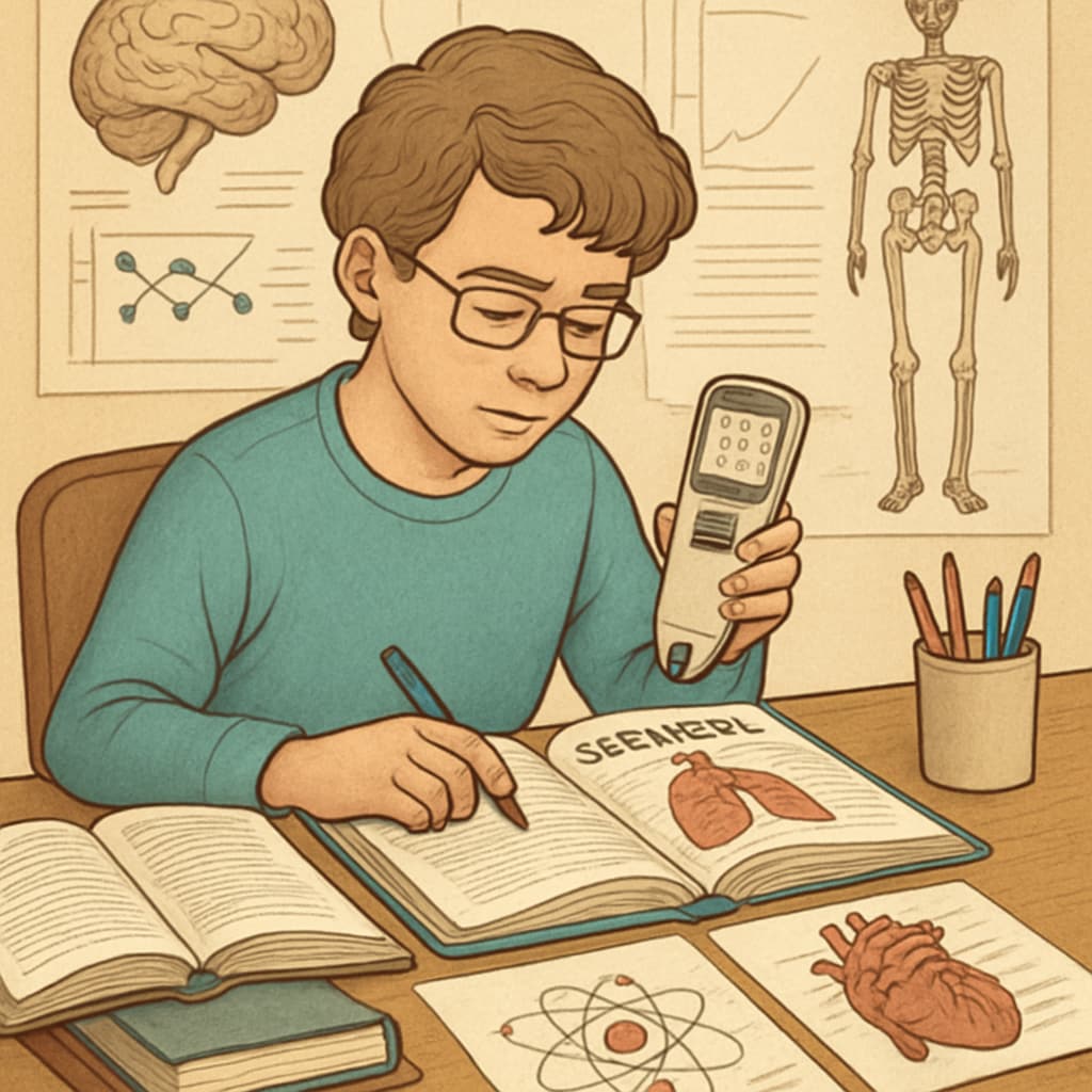 A student with dyslexia studying science materials with adaptive tools, symbolizing inclusive education in the medical field. Inclusive education for students with learning disabilities pursuing medical careers.