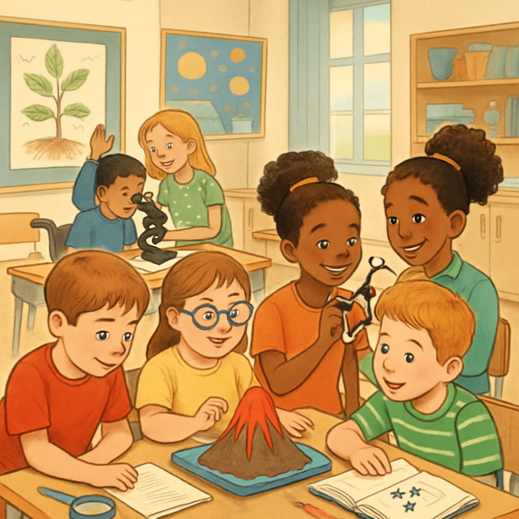 An inclusive classroom where students with and without learning disabilities collaborate on science projects, emphasizing equity in education. Equity in education for students with learning disabilities in science.