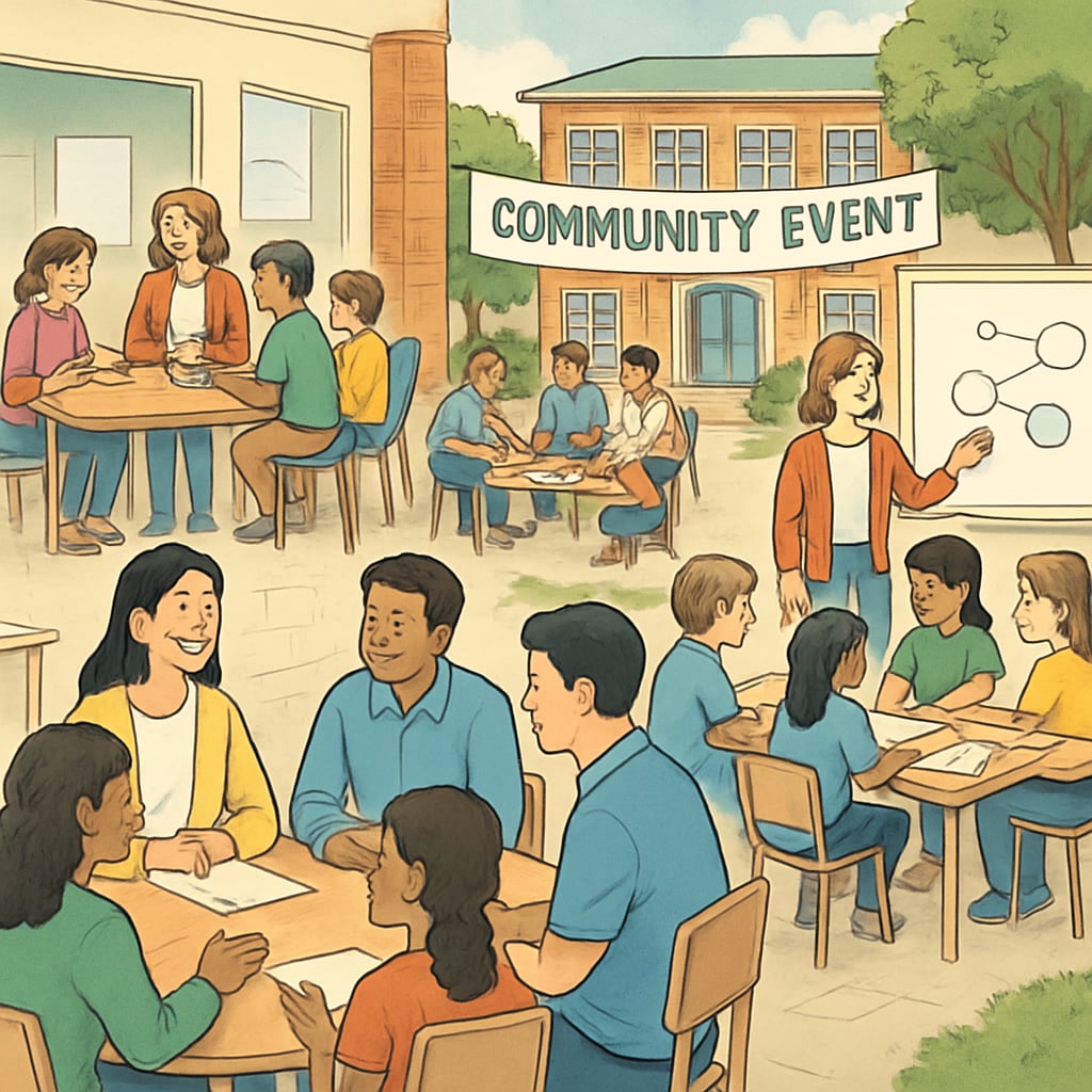 A public school hosting a community event to engage parents and students. Community event at a public school, showcasing engagement strategies.