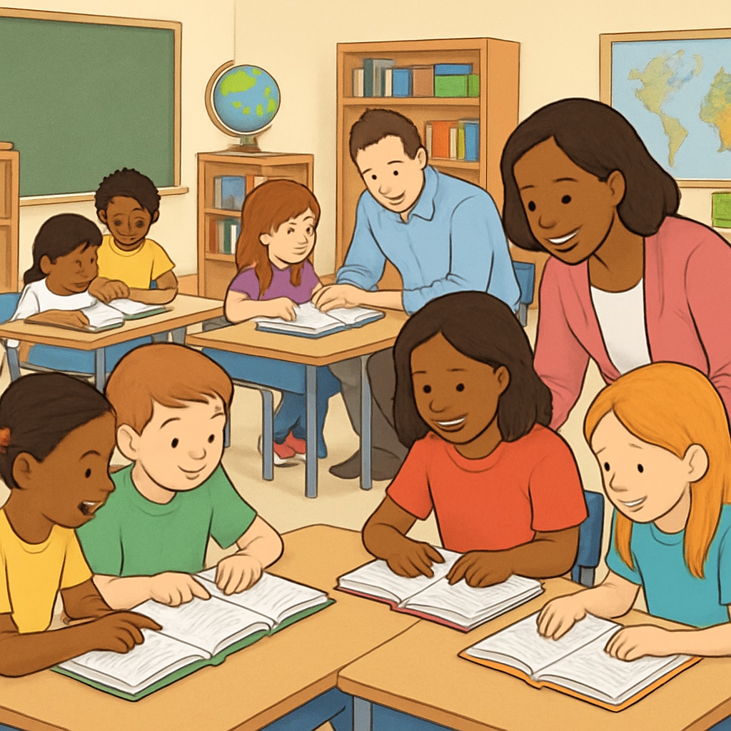 An elementary classroom with students reading books in small groups, with teachers assisting. Elementary students reading in groups with teacher support, fostering comprehension.