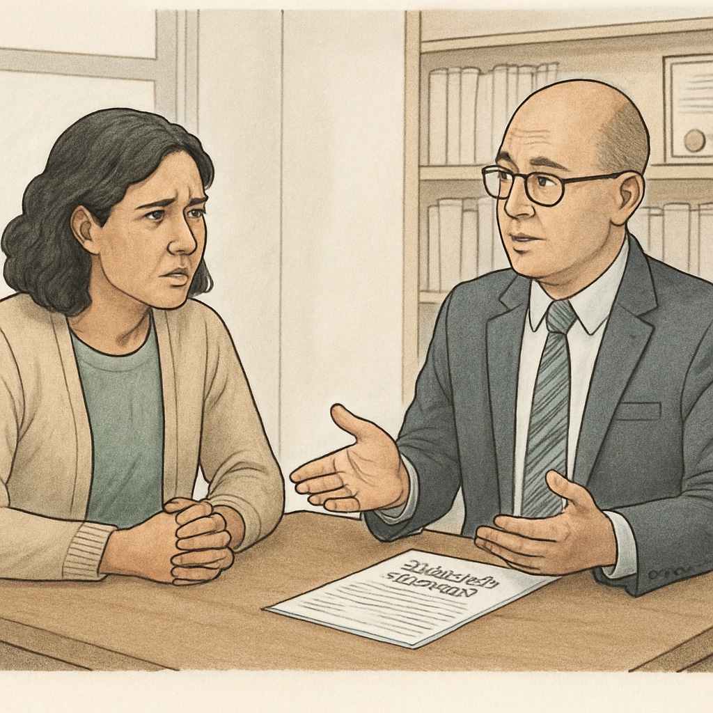 A concerned parent discussing transfer options with a school administrator in a formal setting. Parent discussing school transfer options with an administrator.