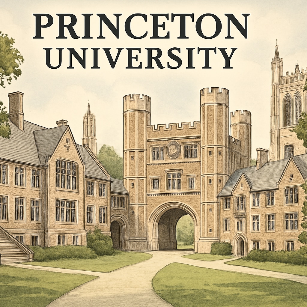 A sprawling view of Princeton University’s Gothic-style campus, representing its historic and prestigious image. Princeton University campus showcasing its historic architectural design.