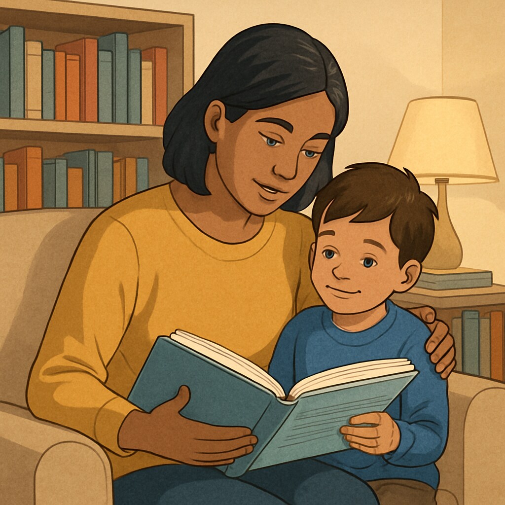A home setting where a parent reads a storybook with their child, surrounded by books. Parent and child reading together at home, encouraging a love for books.