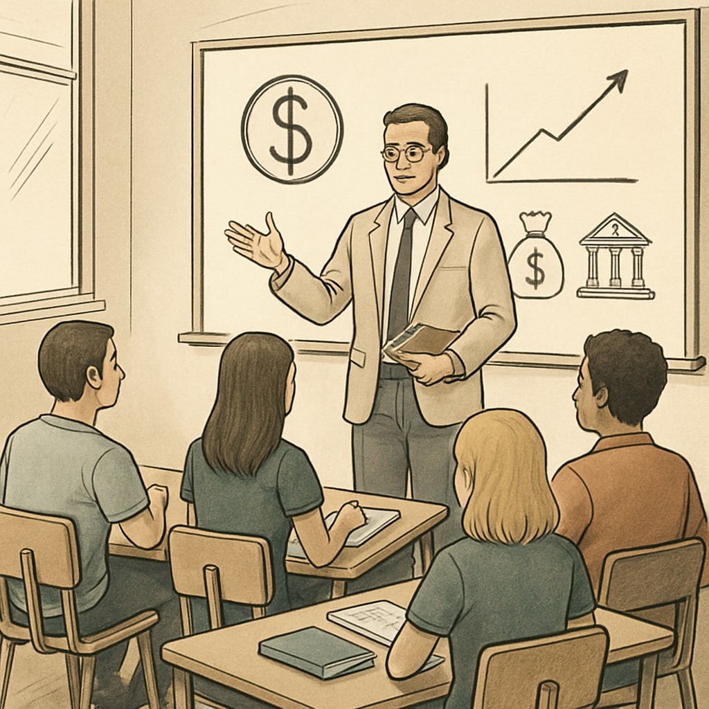 A classroom setting with a teacher explaining financial concepts to students. The image depicts a practical approach to financial education in schools. Classroom financial education lesson in progress