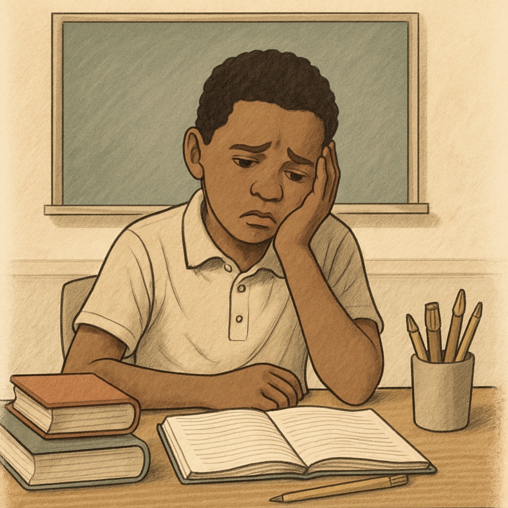 A frustrated student sitting at a desk in a classroom, symbolizing the impact of school discrimination. Student frustrated by school discrimination.