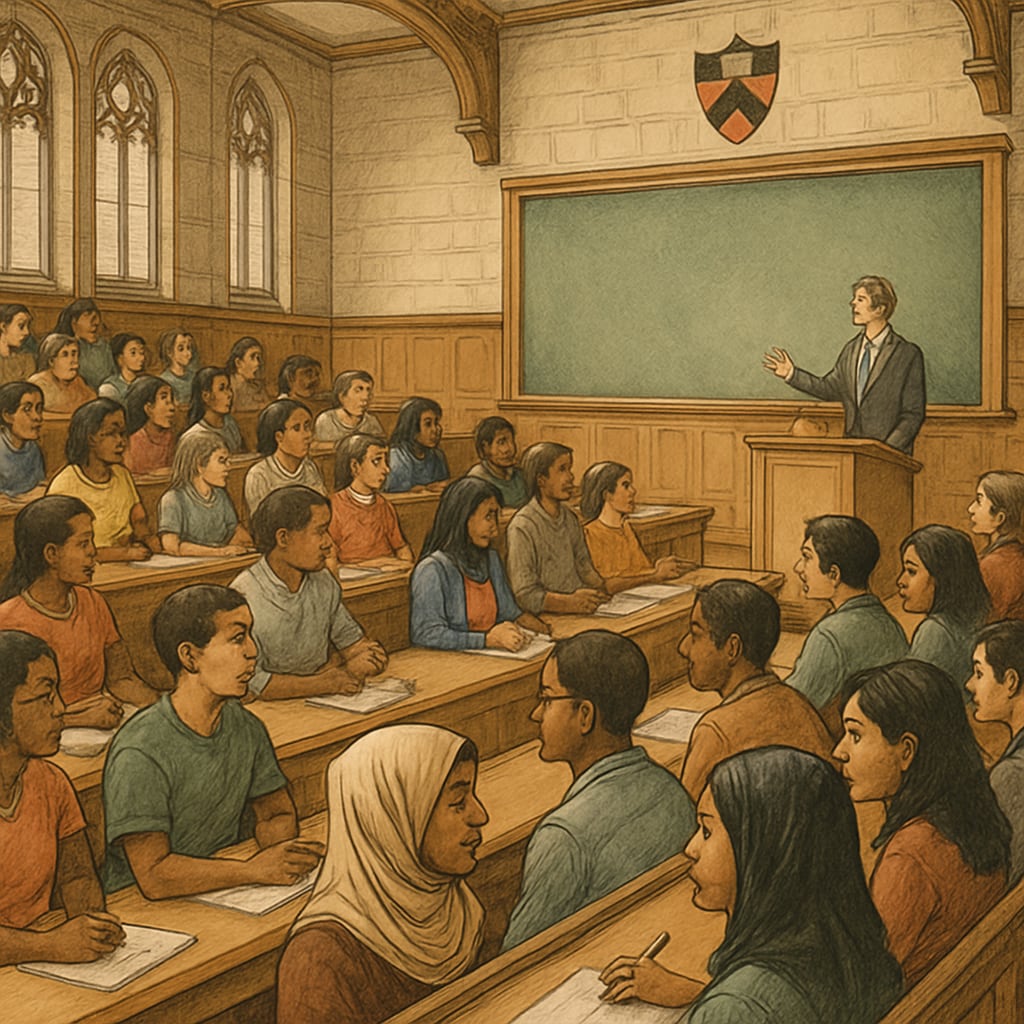 A lecture hall at Princeton University, filled with students of diverse backgrounds, symbolizing the promise of education for all. A Princeton University lecture hall with students seated, discussing education inclusivity.