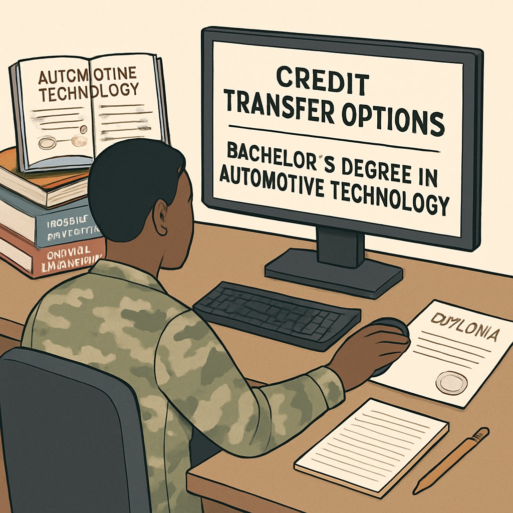 A military member researching credit transfer options for a bachelor’s degree in automotive technology on a computer. Military member researching credit transfer for automotive technology degree.